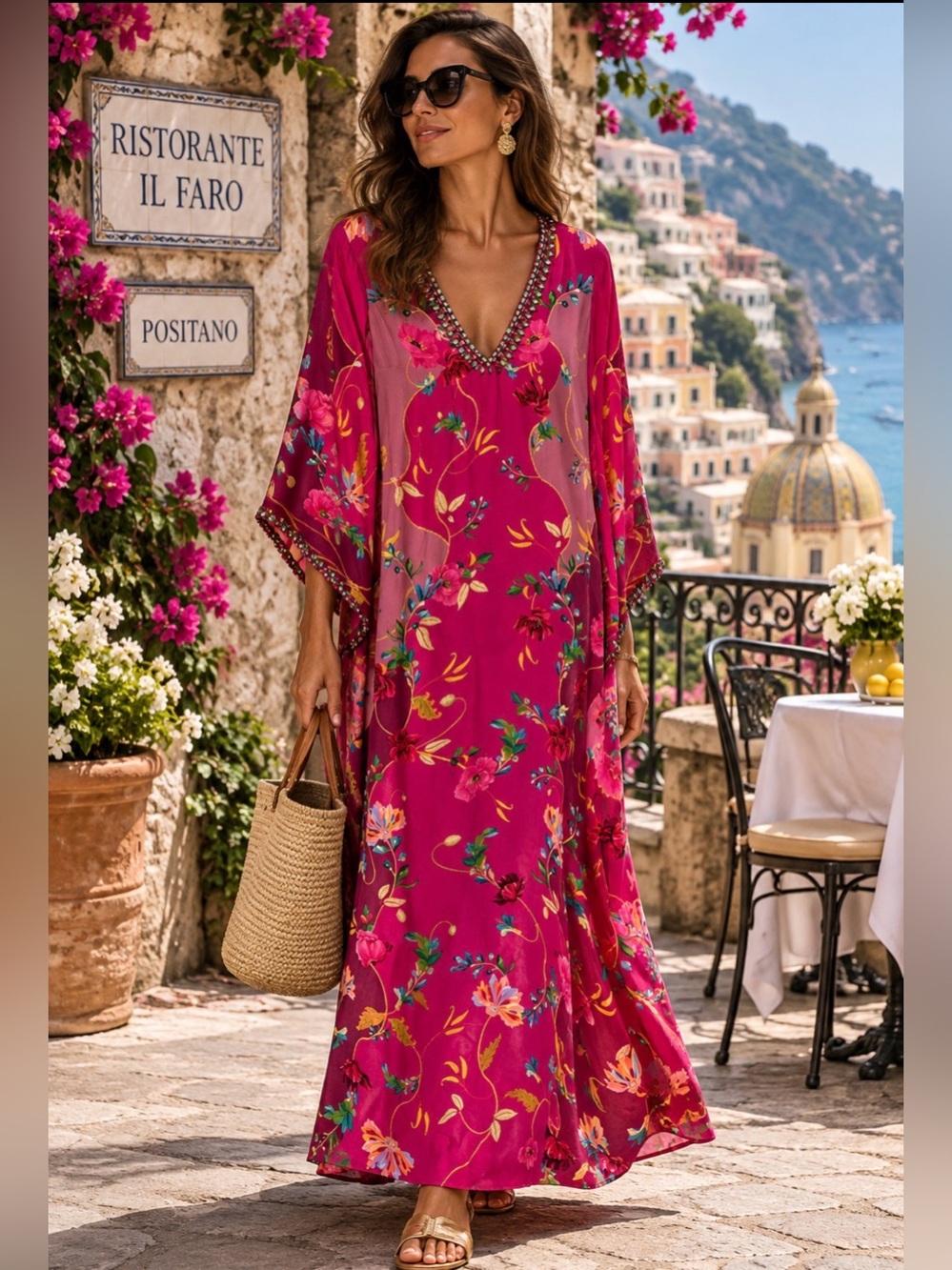 NWT LA FUORI Fuchsia Pink Floral Silk Kaftan M